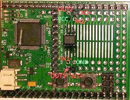 LM393 soldered into the SMD prototyping area on an Espruino